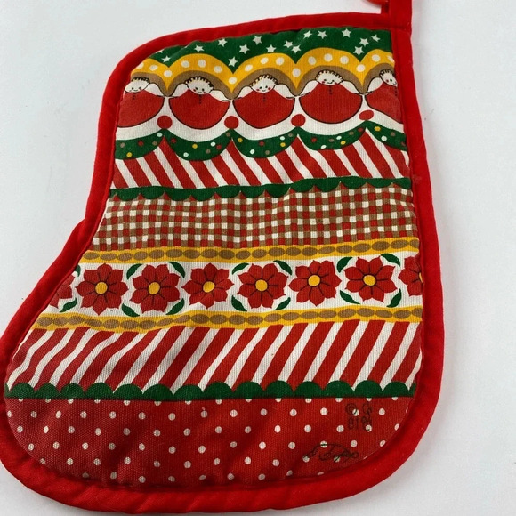 Christmas Holiday Vintage Pot Holder 1981 Red Poinsettias Angels Stocking - Picture 1 of 4